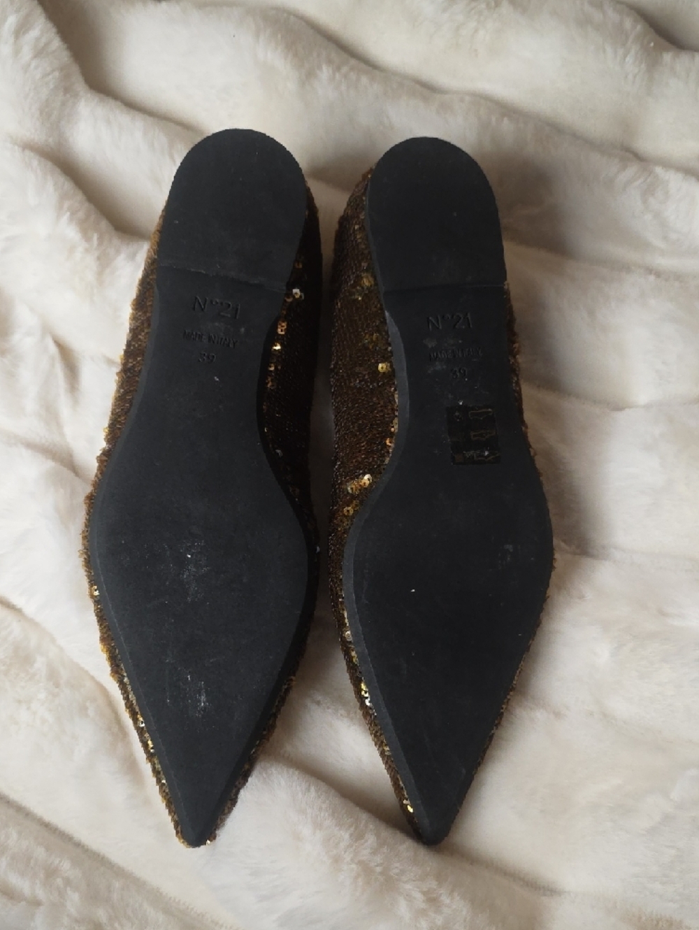 Women's Brown Sequin Pointed Flats with Buckle Strap - Picture 6 of 9
